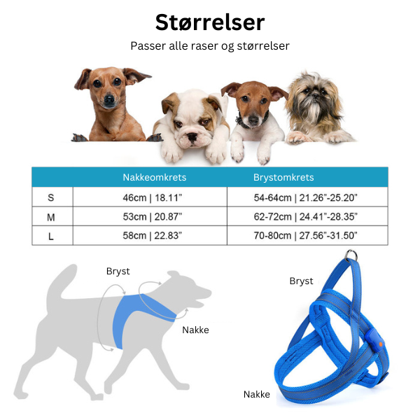 Antitrekk hundesele med LED-lys og refleks